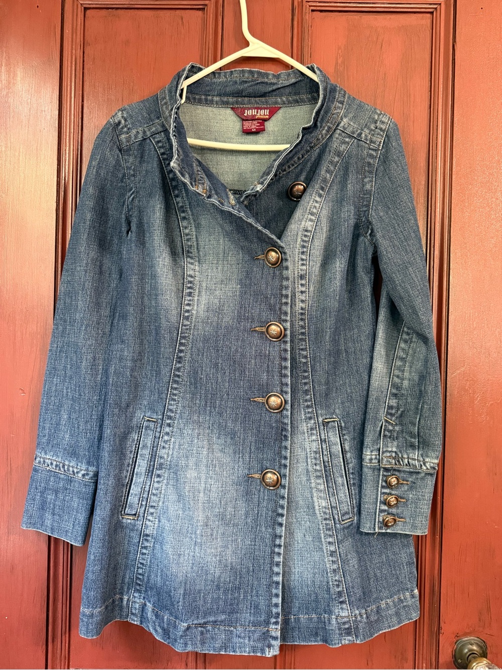 Jou Jou Distressed Blue Denim Button-Front Jacket Coat